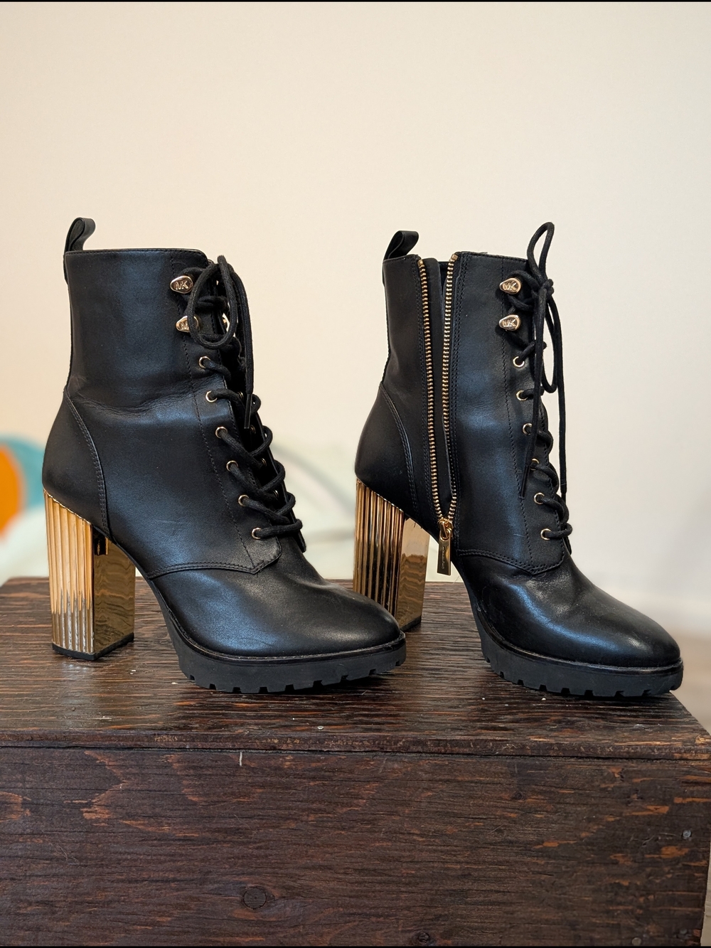 Michael Kors Black Lace-Up Combat Boots with Side Zipper